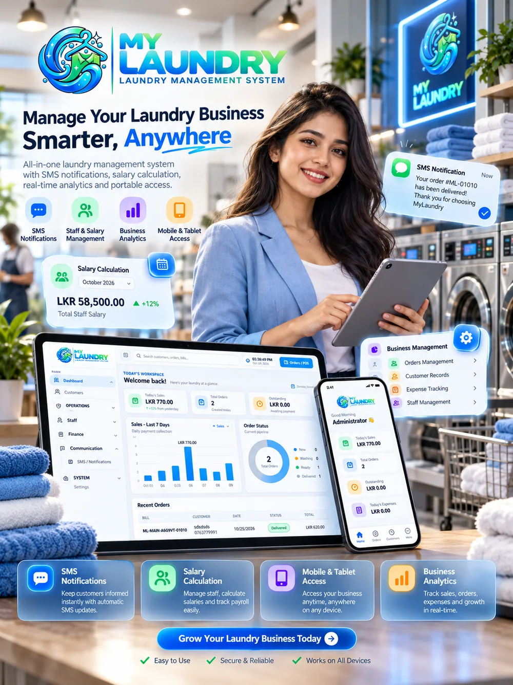 MyLaundry SMS, payroll, mobile access and business analytics feature showcase